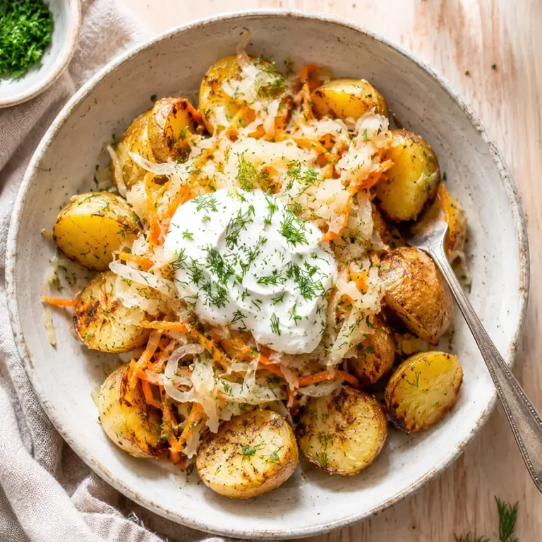 Warm potato bowl with fermented cabbage, carrot & sour cream