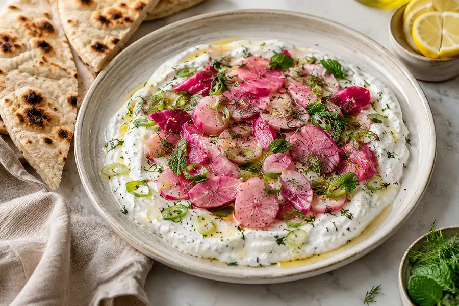 Coconut Yoghurt Flatbread Dip with Fermented Radishes