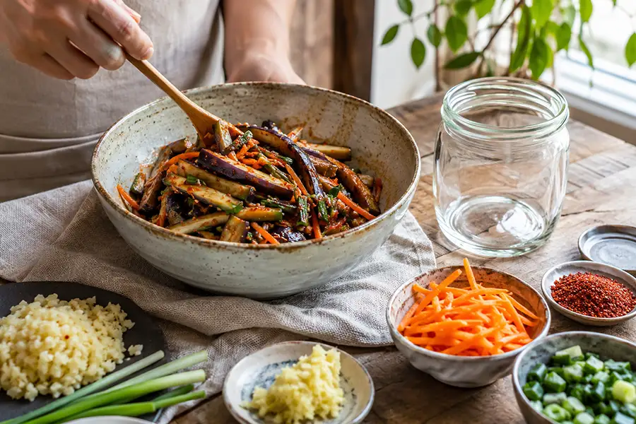 Kimchi-Style Aubergine with Garlic, Ginger, and Gochugaru