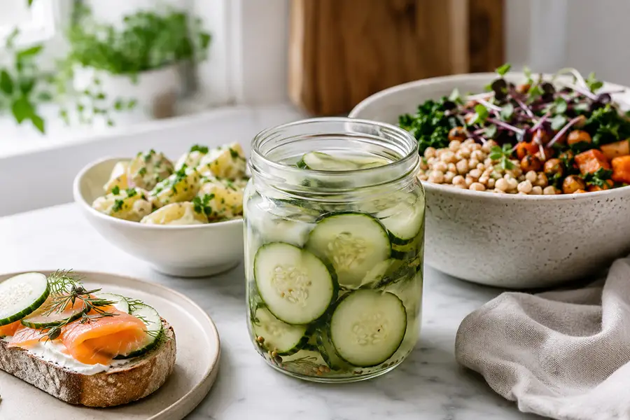 Lightly Fermented Cucumber Slices for Sandwiches, Potato Salads, or Grain Bowls