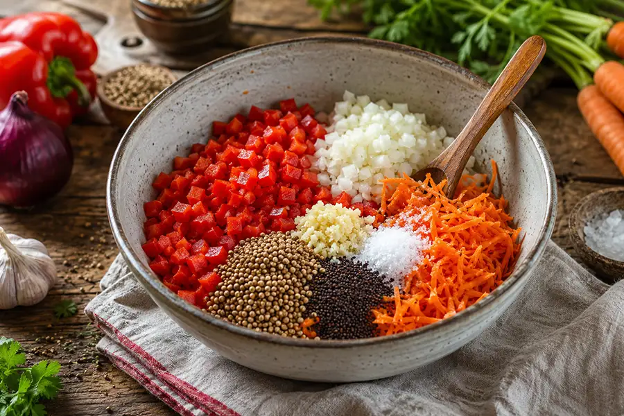 Sweet Pepper Relish with Red Pepper, Onion, and Carrot