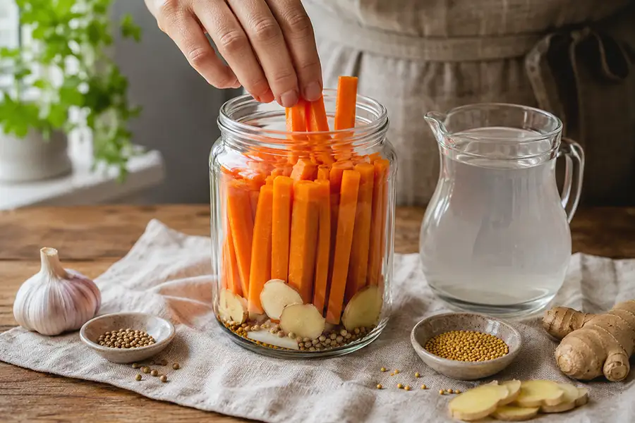 Ginger carrot sticks in brine