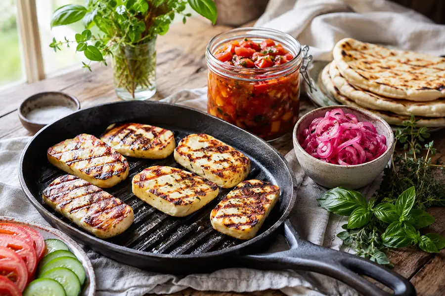 Grilled halloumi with fermented tomato salsa & onions