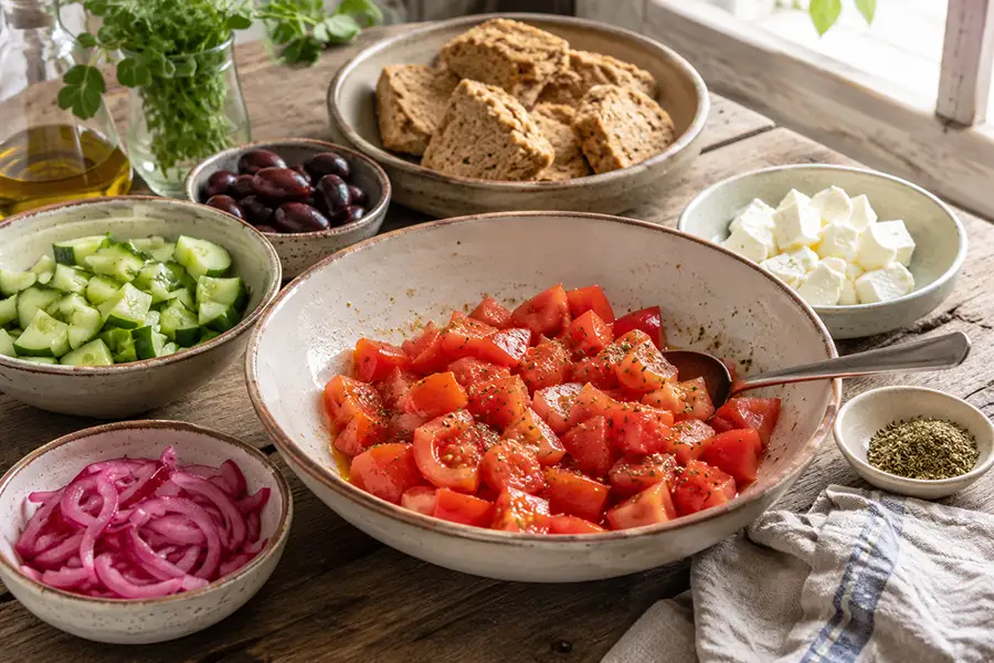 Summer barley rusk salad with tomatoes, cucumber and feta
