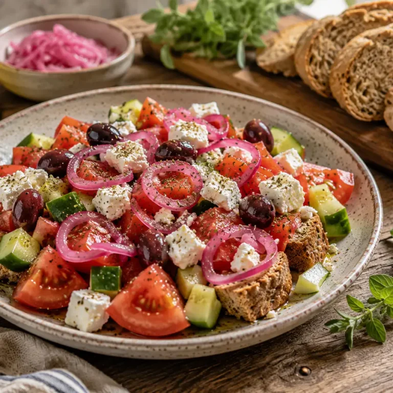 Summer barley rusk salad with tomatoes, cucumber and feta